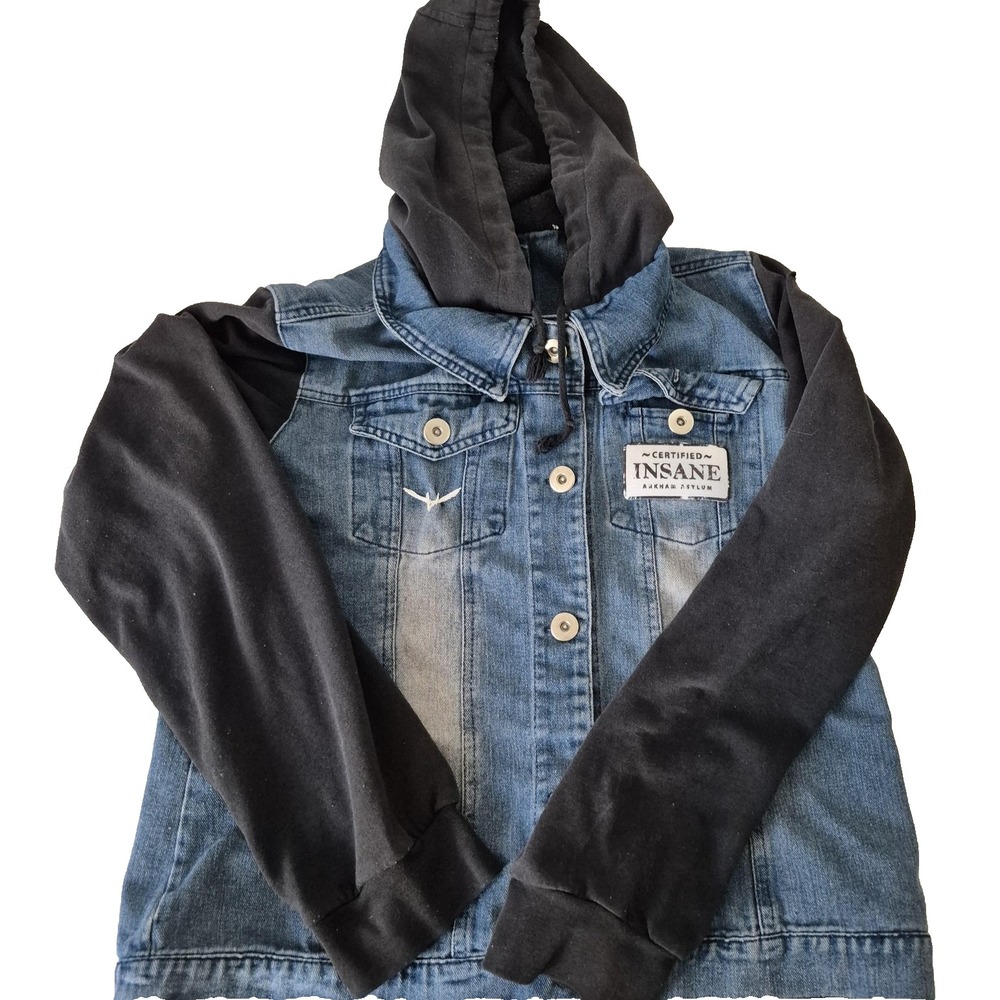 Batman‎ Arkham Asylum Jacket Youth Large Blue Black Denim Hooded Jean Vest Patch